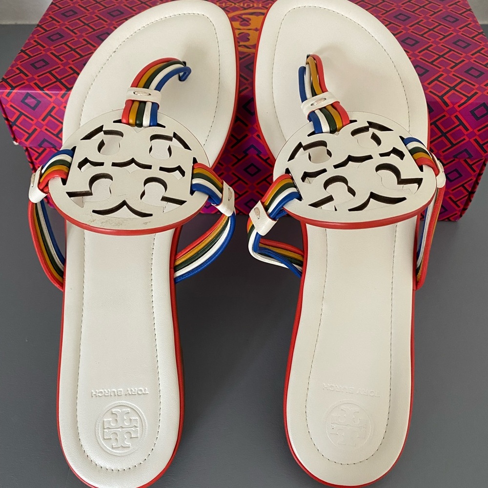 Tory Burch Miller Mignon Sandals shoes cream rainbow colorful size 10.5